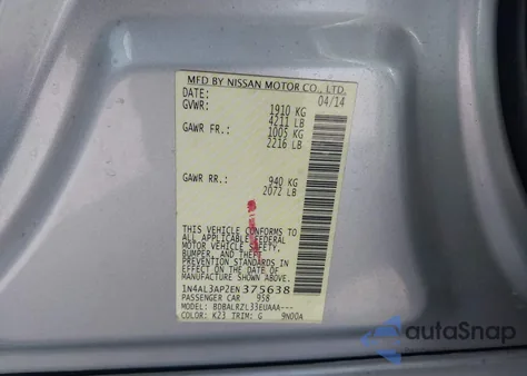 2014 Nissan Altima 2.5/2.5 S/2.5 Sl/2.5 Sv z USA, uszkodzony, nr VIN 1N4AL3AP2EN375638